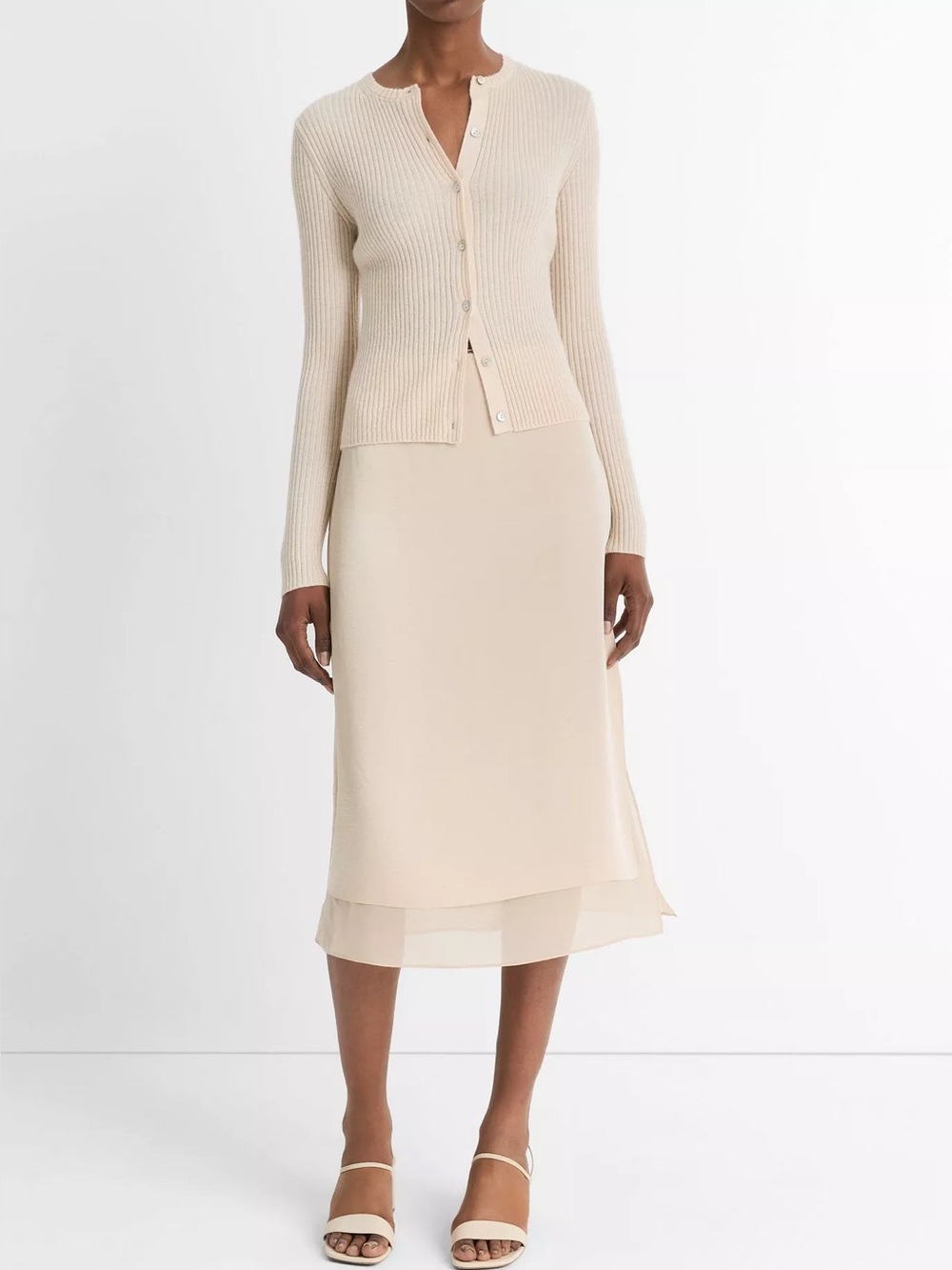 Vince Cream double side slit midi straight slip skirt, size 2, lingerie inspired